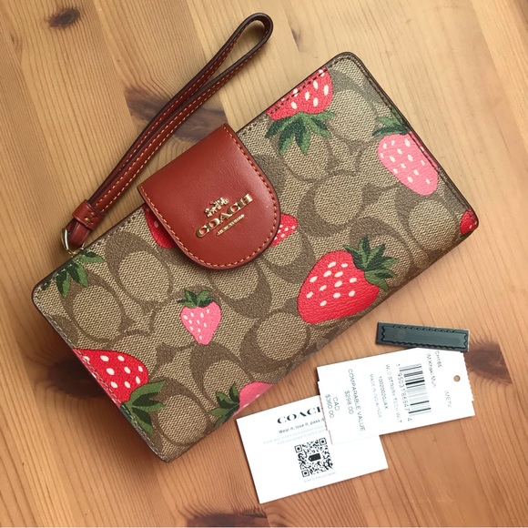 🍓 Coach Tech Wallet In Signature Canvas With Wild Strawberry Print - Picture 1 of 13